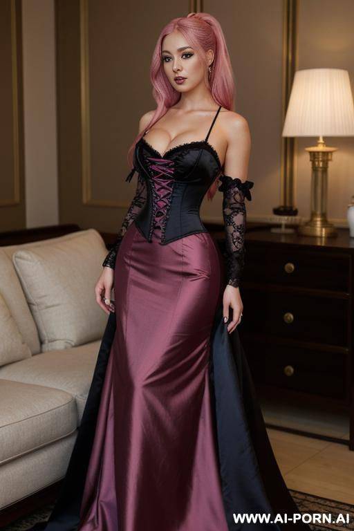 half-japanese and half-korean and 15cm tall, wearing "dark regency attire" - a long, flowing gown made of luxurious satin, rned with intricate lace patterns and subtle embroidery. the dress - #main