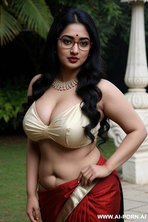 pale skin, cute, beautiful, indian woman, round glasses, round boobs, red saree, chubby, flashing navel - #main