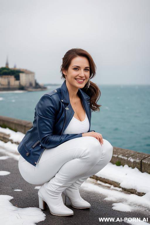 beautiful woman, french, medium hight, mid 20s, short wavy ponytail, natural boobs, natural big ass, old southern french city and sea in background, blue leather jacket, white leather pants, winter, snow on ground - #main