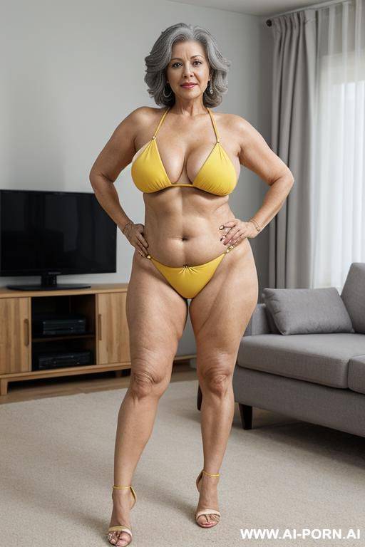 0-year-old grandmother, full body, standing, short gray hair, lady, very visible age marks, triangle hips, thick thighs, hands on hips, wearing a yellow bikini, living room in front of the television - #main