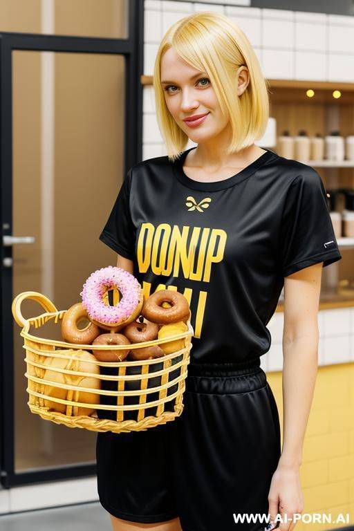 donuts in hand, yellow and blue basket ball outfit - #main