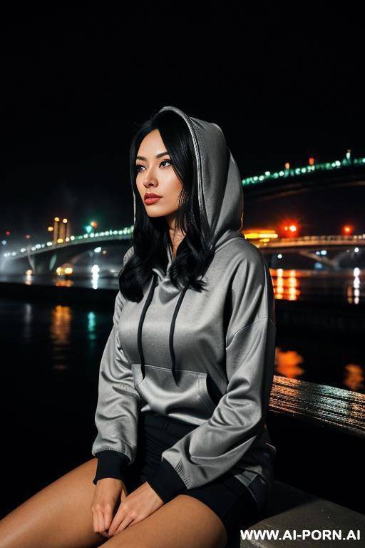 wearing a hoody. outside. foggy weather. grey colours. sitting on edge of river looking at a bridge with lights on. sad. melancholy. calm. dusk. beautiful. symmetrical features. neon lights. looking at camera. - #main