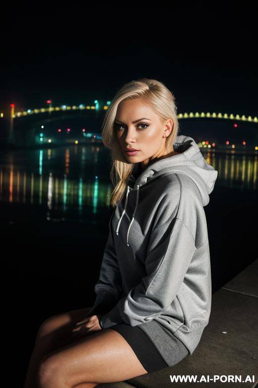 wearing a hoody. outside. foggy weather. grey colours. sitting on edge of river looking at a bridge with lights on. sad. melancholy. calm. dusk. beautiful. symmetrical features. neon lights. looking at camera. blonde - #main