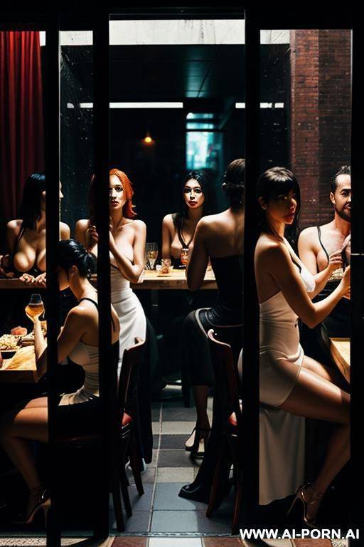 orgy inside a restaurant. perspective from outside looking in through a window. styled like the painting nighthawks - #main