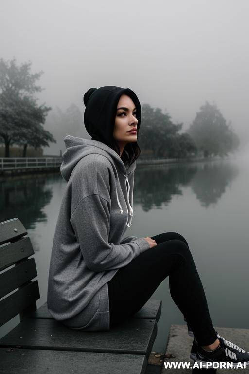 wearing a hoody. outside. foggy weather. grey colours. sitting on a bench next to a river. sad. melancholy. calm. dusk. - #main