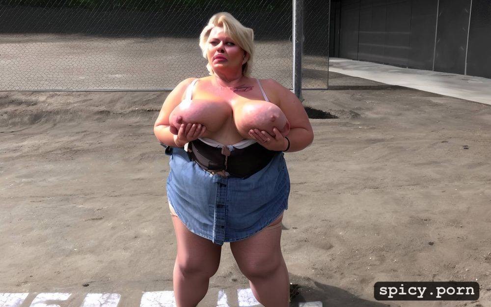 completely huge floppy saggy breasts on obese 50 years old posh russian woman large hairy cunt fat very stupid cute face with small nose much makeup semi short hair standing straight in - #main