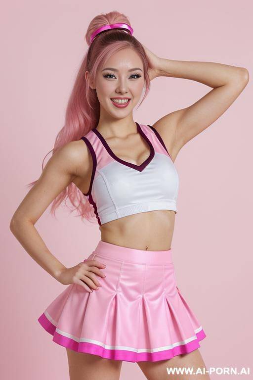 half-korean and half-japanese and 15cm tall, wearing a cheerleader outfit that is both sy and sexy and has a deep, plunging neckline . her figure is absolutely perfect - a narrow waist that - #main