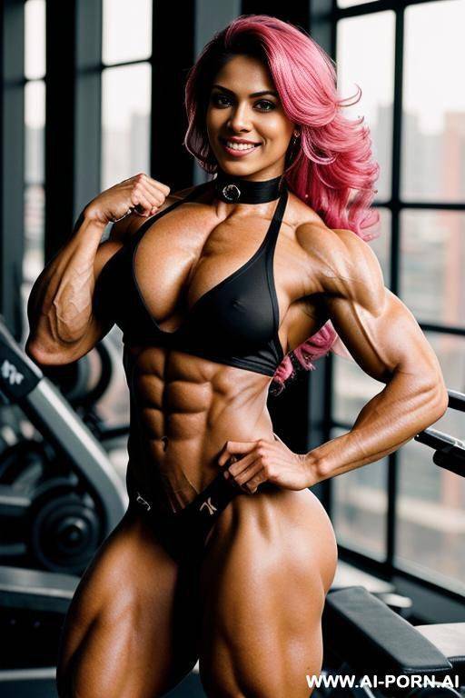 ((female bodybuilder)), hyper muscular, bangs, black hair, tattoos, piercings, choker, ((extremely muscular)), indian woman - #main