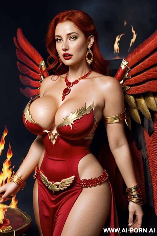 goddess of fire, red hair, (((firey wings))), strapless red dress, (((massive boobs))), ruby necklace, ruby earrings, (((gold shoulder armor))), gold bracelets, (((fire temple))) - #main