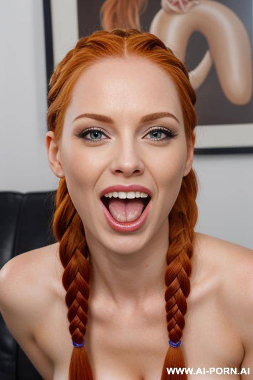 ultrarealistic, braided ginger tails, blowjob, happy, open mouth, cum on tounge - #main