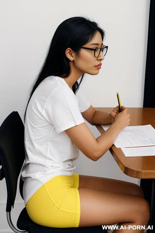 side view of a 20 year old philipina with black hair and glasses, nose, soft chin, sitting in a chair, pulled up to at a table writing on a paper, wearing a yellow crew neck t-shirt, - #main