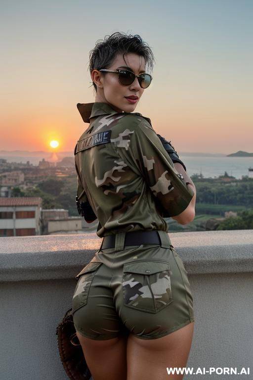 mom, beauty face italian , stacking the hand ,wet hair punk pixie , baseball glove , muscle fit ,sunglasses, boobs, tight military shorts ,back perfect ass , camouflage knotted shirt ,wet skin ,roof , sunset - #main