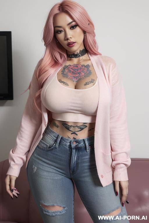 half-japanese and half-korean and 1cm tall, wearing a sleek pair of distressed denim jeans as well as a white cropped t-shirt, the fabric clinging to her curves, and finally a lightw, pastel - #main