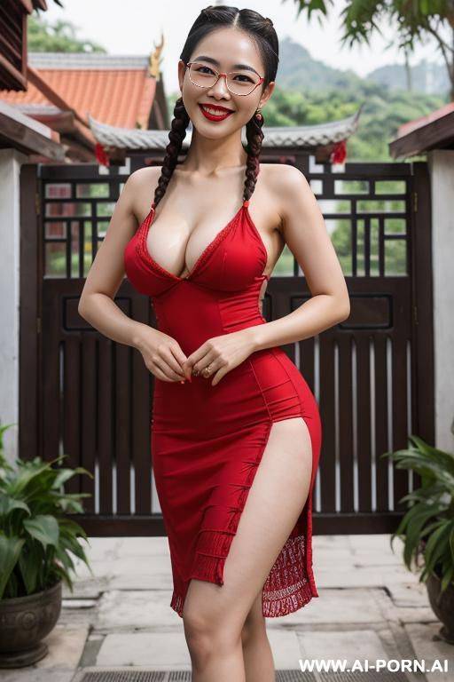 thailand, chinese woman, fair skin, red lips ((h-cup)), y ((double braids)), glasses, smiling, happy, naked outdoors, short tight dress ((showing breasts)) in front of the house in the city, gate, outdoors, in the city of thailand. - #main