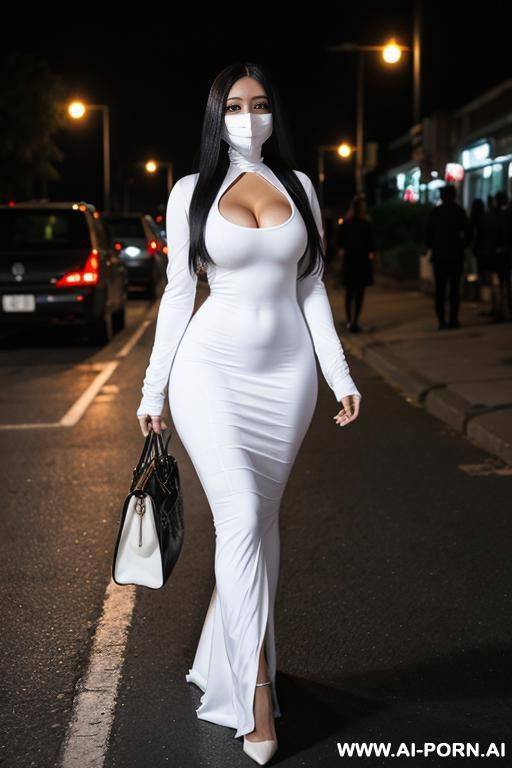 night street, hourglass body, giant breasts, white tight long dress, very long sleeves, white scary mask on face, walking - #main