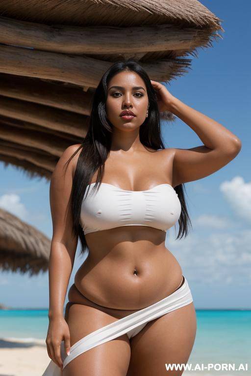 native woman, brown skin, brown eyes, full lips, long straight black hair, white tube top, white loincloth, barefoot, athletic and curvy figure, strong legs, confident stance - #main