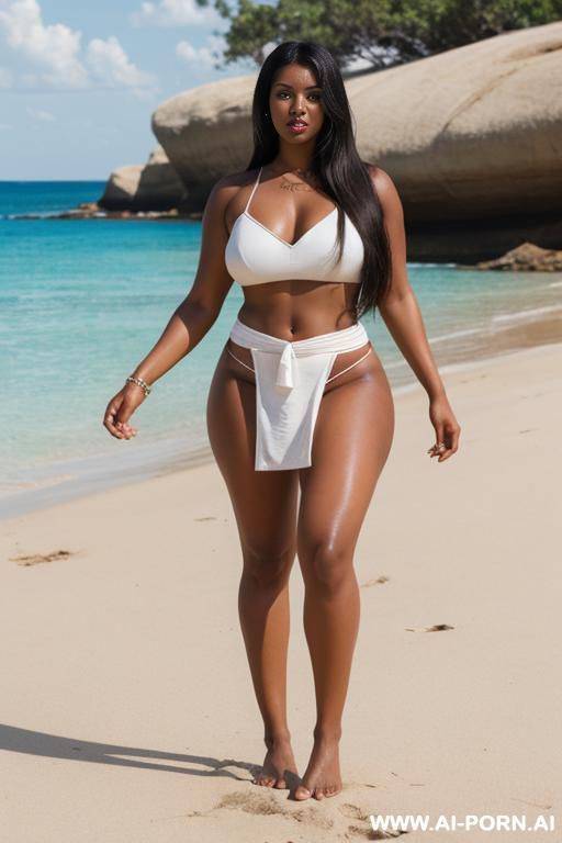 brown skin, brown eyes, full lips, long straight black hair, white tube top, white loincloth, barefoot, athletic and curvy figure, strong legs, confident stance - #main