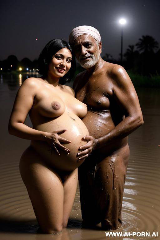 smiling curvy busty egyptian wife with messy short hair fully naked hugged from old indian homeless man in mud lake at night - #main