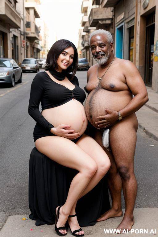 smiling curvy busty egyptian wife with messy short hair fully naked sitting on the lap of old black homeless man in street - #main