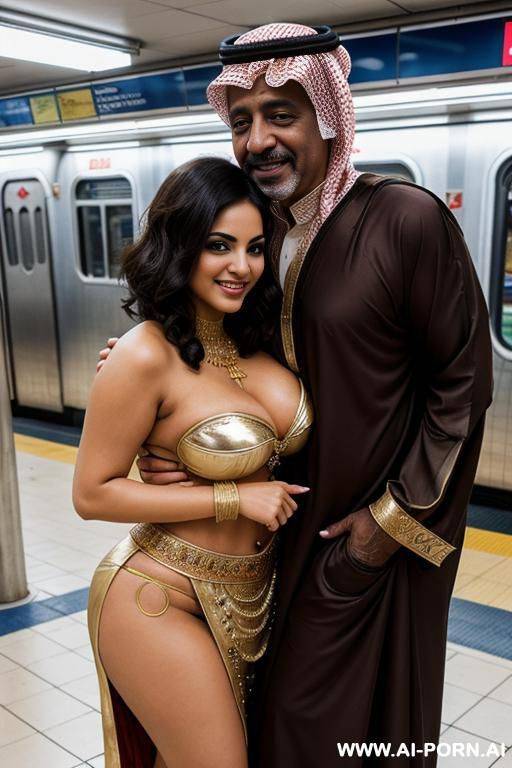 smiling curvy busty egyptian brunette wife with messy short hair fully naked hugged from old homeless black man in subway - #main