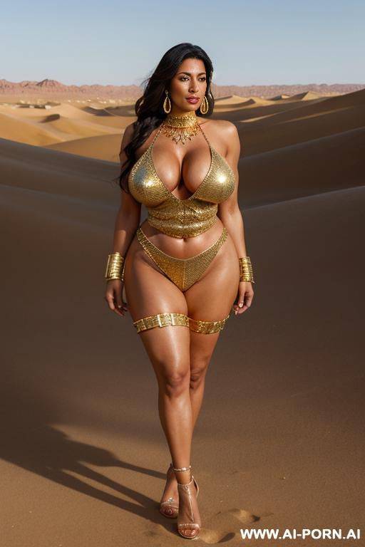 busty mature muscular toned woman with gigantic full saggy milky boobs. gold tall lace high heels. ((big bell shaped boobs)). gold choker, earrings, ankle chain, thigh chain. gold armband. gold - #main