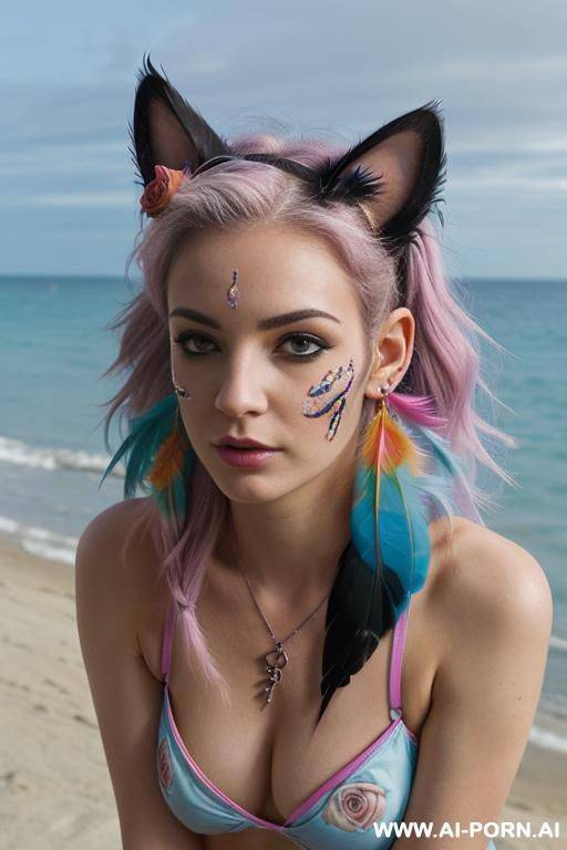 face, sexy, beautiful, ((face painting)), ((bikini as seashell)), ((tattoo roses)), ((eyes shw)), ((angel wings)), ((rainbow hair)), ((long bu hair)), ((wind)), (( cat face)), (( cat ears)), (((feather - #main