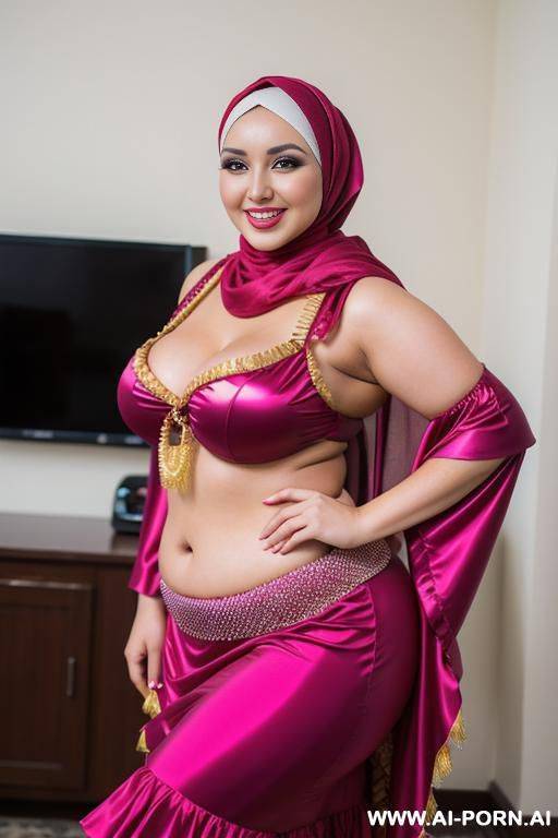 smiling curvy russian brunette chubby wife wearing hijab and hawaiian dancer costume - #main
