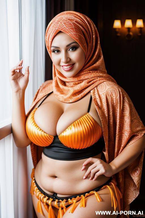 smiling curvy russian brunette chubby wife wearing hijab and hula costume - #main