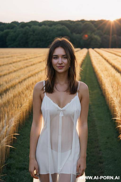 white see-through nightdress fields and woods standing in wheat field - #main