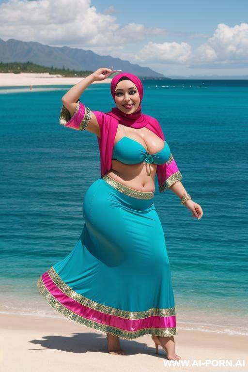 smiling curvy russian brunette chubby wife wearing hijab and hula dance costume - #main