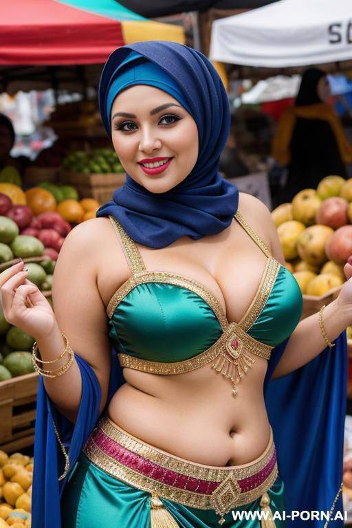 smiling curvy russian brunette chubby wife with messy haircut wearing colored hijab and belly dancing costume in market - #main