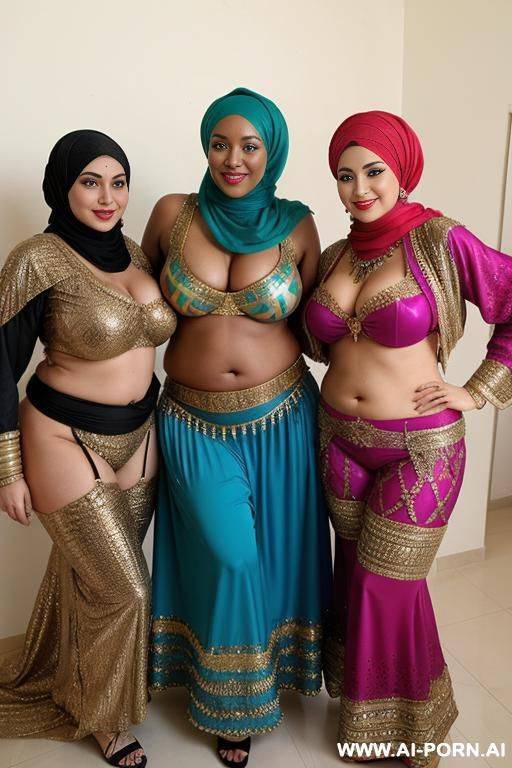 smiling curvy russian brunette chubby wife with messy haircut wearing colored hijab and belly dancing costume standing between two old african men - #main