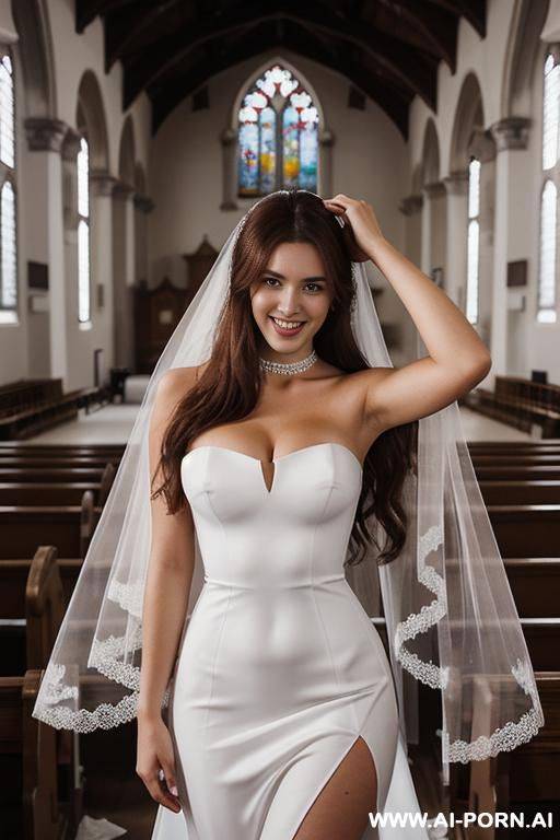 perfect body in a short white strapless dress, diamond choker, long thick hair, cleavage, wedding veil, - #main
