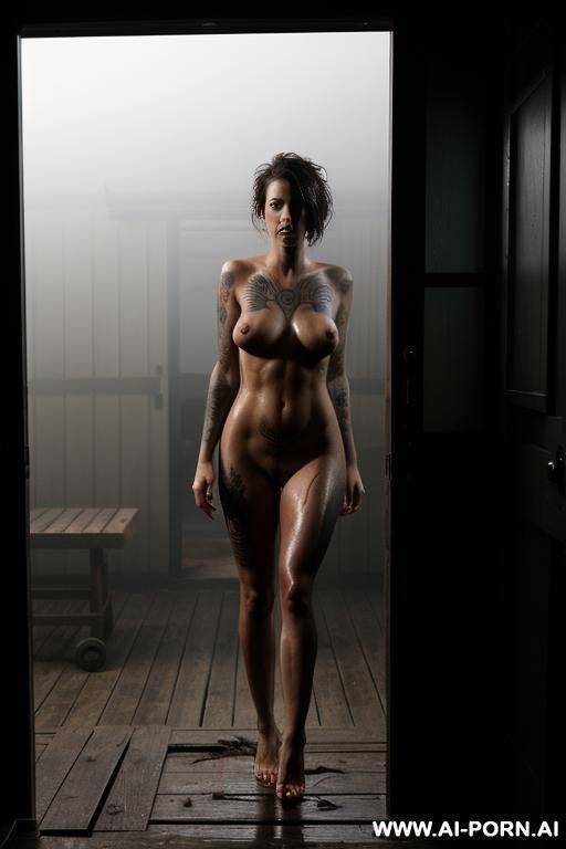 nude woman, tattoos, standing in entry of old house, on porch, dark, night, dramatic lighting, outside, trailer park, wet, fog, dirty - #main