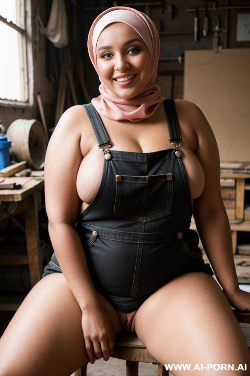 smiling curvy russian brunette chubby wife wearing hijab fully naked wearing black overalls sitting on the lap of old african man in workshop - #main