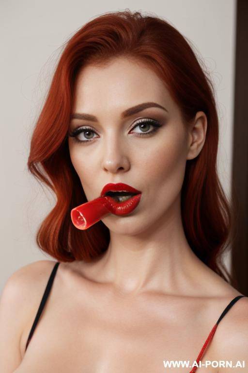 ginger, woman, big lips, few s, red lipstick, sucking a pacifier - #main