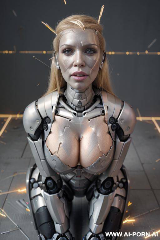 busty blonde female terminator, (damaged half robotic face, sparks from damaged chest:1.3), lying on the floor, spreading legs - #main