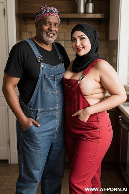 smiling curvy russian brunette chubby wife fully naked wearing hijab wearing red overalls standing with old black man - #main