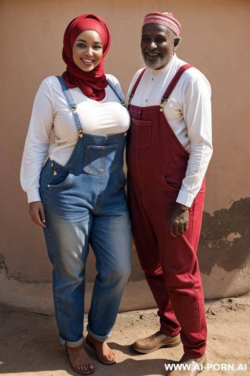 smiling curvy russian brunette chubby wife fully naked wearing hijab wearing red overalls standing with old african man - #main
