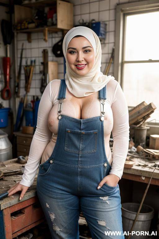 smiling curvy russian brunette chubby wife fully naked wearing hijab wearing overalls in messy workshop - #main