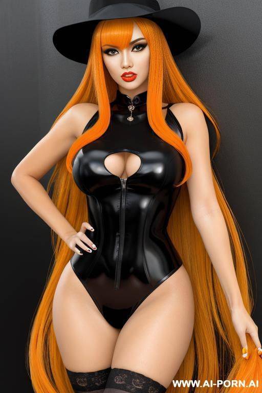make a cartoon woman with a orange long hair with bangs, yellow streak, brown detective hat, really orange skin, black cartoon yes, being fucked in gy style - #main