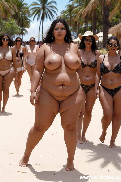 a beautiful chubby latin lady of 0 years old, barefoot and totally naked. she is in the middle of a fashion runway on a sunny day and there are other women behind her following her. - #main