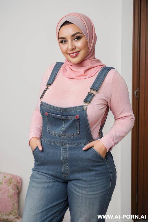smiling curvy russian brunette chubby wife fully naked wearing hijab wearing pink overalls - #main