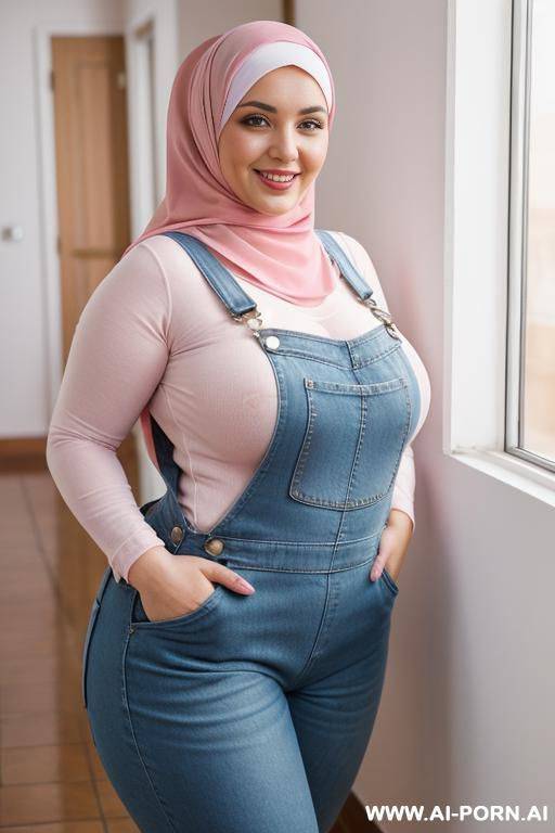 smiling curvy russian brunette chubby wife wearing hijab fully naked wearing pink overalls - #main