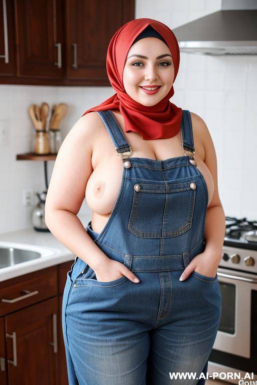 smiling curvy russian brunette chubby wife fully naked wearing hijab wearing overalls - #main