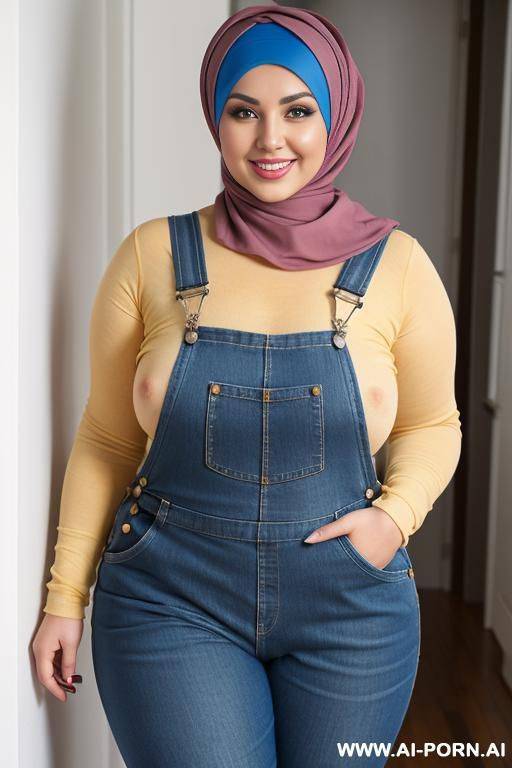 smiling curvy russian brunette chubby wife fully naked wearing hijab wearing colored overalls - #main