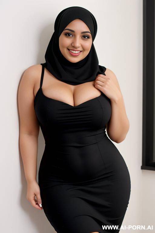 smiling curvy egyptian brunette chubby wife wearing hijab fully naked wearing black tight dress - #main