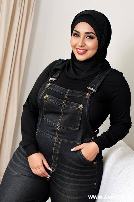 smiling curvy egyptian brunette chubby wife wearing hijab fully naked wearing black overalls - #main
