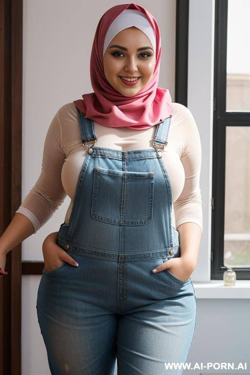 smiling curvy russian brunette chubby wife fully naked wearing hijab wearing transparent overalls - #main