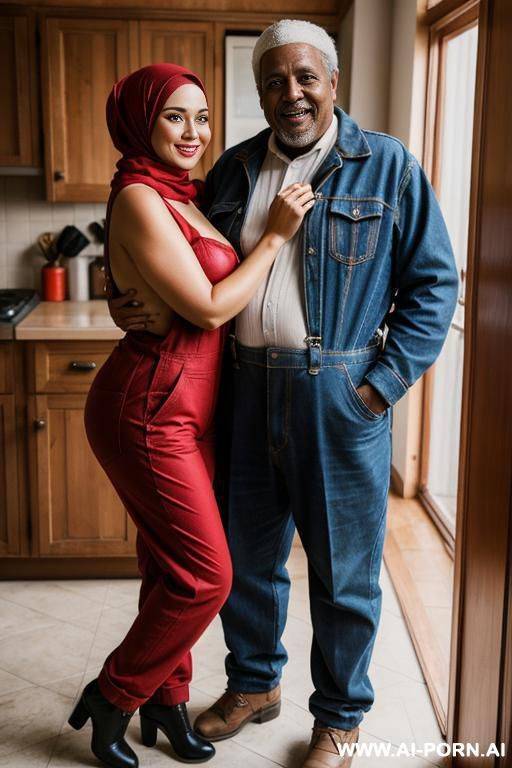 smiling curvy russian brunette chubby wife fully naked wearing hijab wearing red overalls standing with old black man - #main